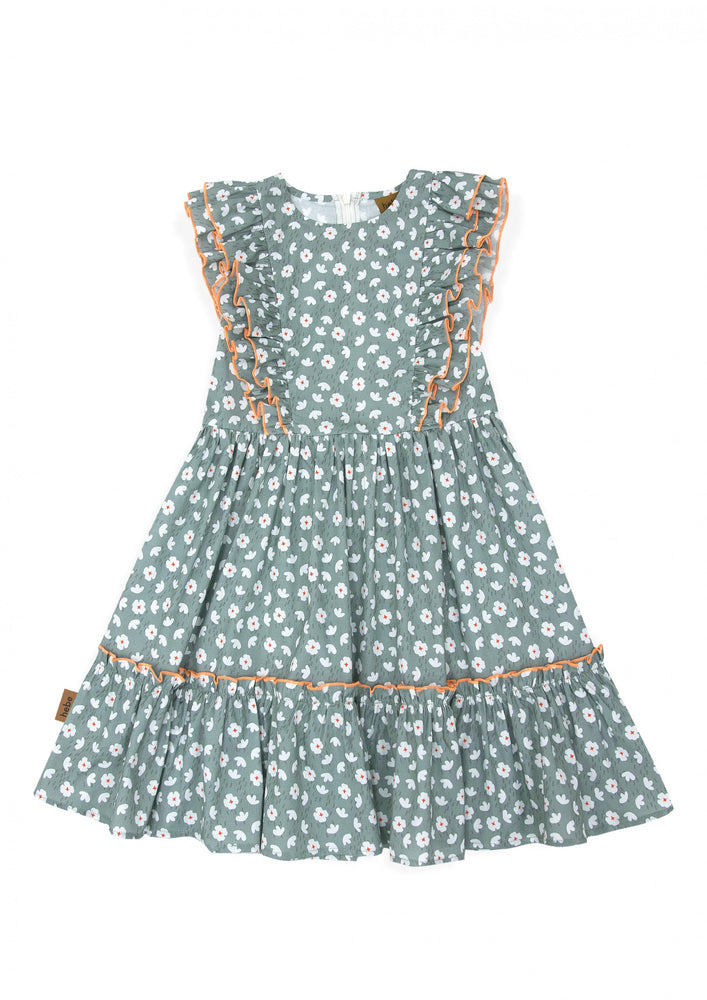 Dress cotton green with flowers print