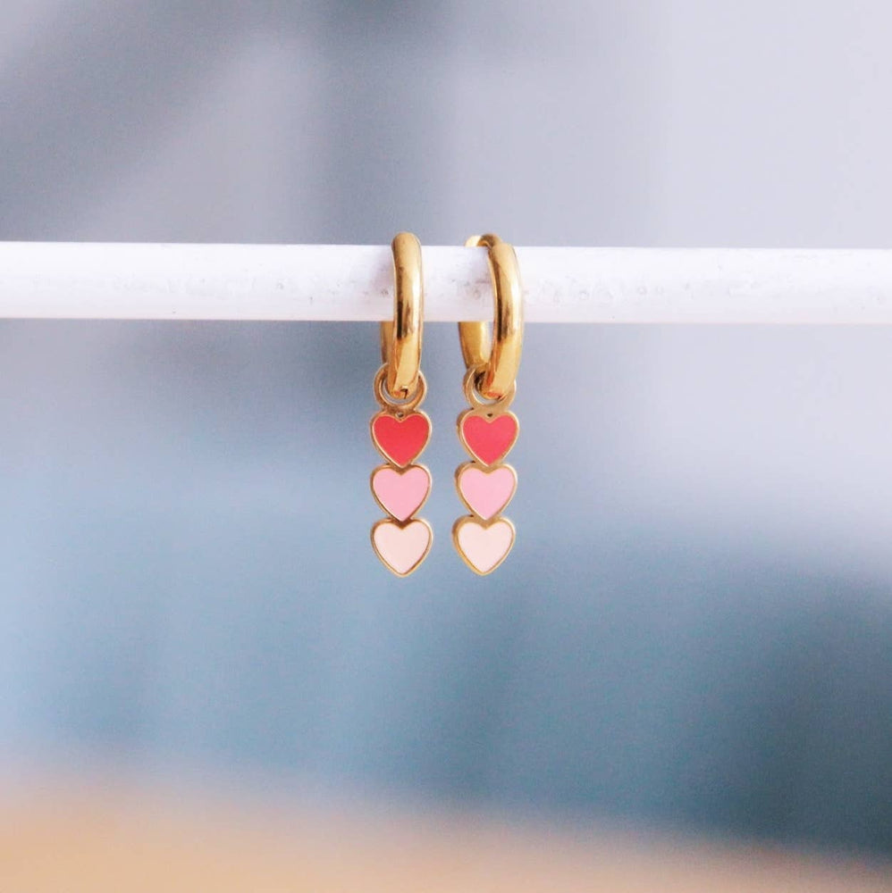 Stainless steel hoop earrings with 3 hearts -coral/pink/nude