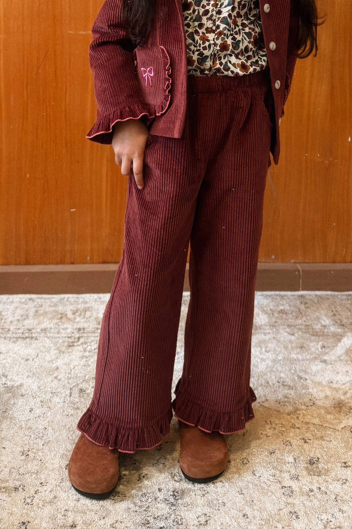 (0308_F26009) Cotton Trousers with Ruffle Hems – Burgundy - MintMouse (Unicorner Concept Store)