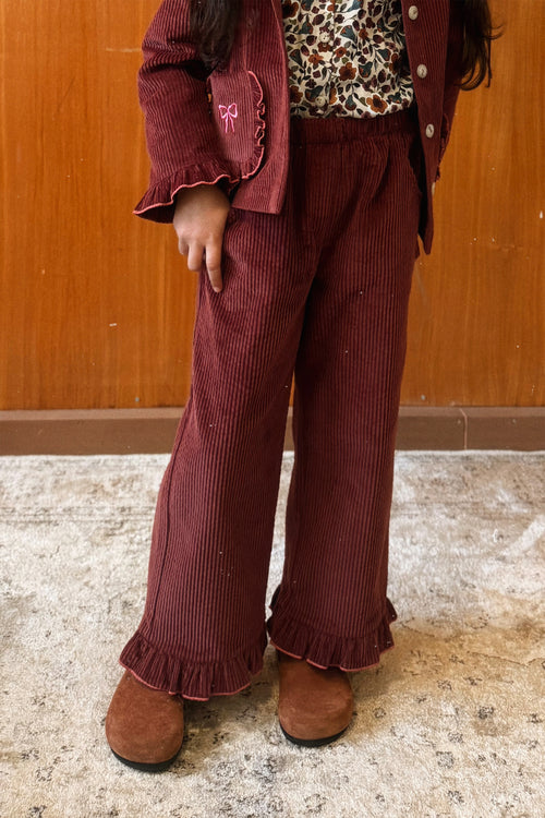 (0308_F26009) Cotton Trousers with Ruffle Hems – Burgundy - MintMouse (Unicorner Concept Store)