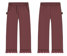 (0308_F26009) Cotton Trousers with Ruffle Hems – Burgundy — supplier illustration, front and back