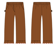 (0308_F26055) Cotton Trousers with Ruffle Hems – Brown — supplier illustration, front and back