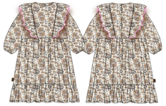 (0408_F26052) Floral Cotton Dress with Ruffles — supplier illustration, front and back