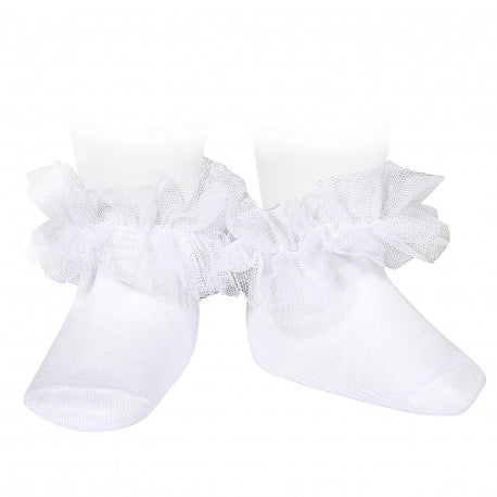 Ankle socks with ruched tulle strap WHITE - 200