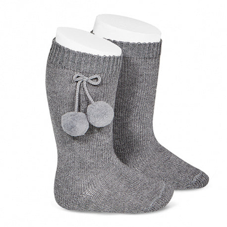 Warm cotton knee-high socks with pompoms LIGHT GREY - MintMouse (Unicorner Concept Store)