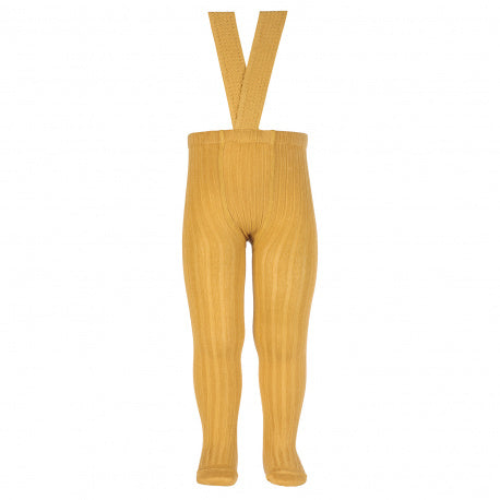 Rib tights with elastic suspenders MUSTARD