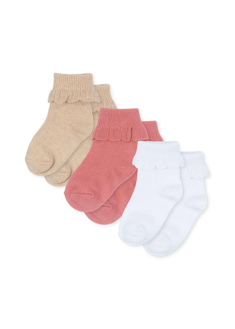 (KS103309) 3-Pack Rib Frill Socks - Sand/white/Rasperry - MintMouse (Unicorner Concept Store)