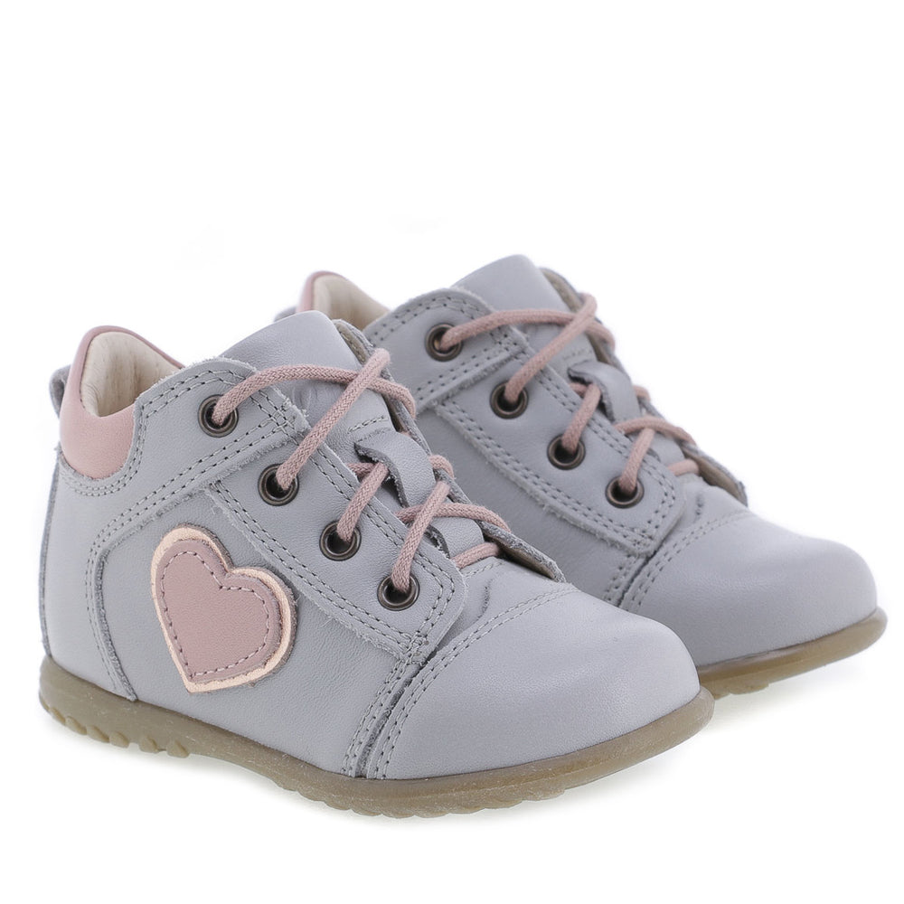 (2069E) Emel Lace Up First Shoes Grey heart