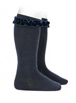KNEE SOCKS WITH VELVET RUFFLE CUFF NAVY BLUE