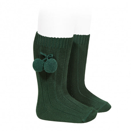 Warm cotton knee-high socks with pompoms BOTTLE GREEN - MintMouse (Unicorner Concept Store)