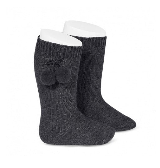WARM COTTON KNEE-HIGH SOCKS WITH POMPOMS ANTHRACITE - MintMouse (Unicorner Concept Store)