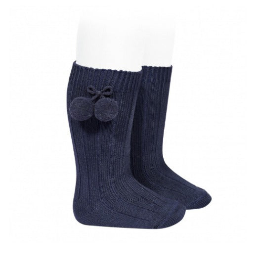 WARM COTTON RIB KNEE-HIGH SOCKS WITH POMPOMS BLUE NAVY - MintMouse (Unicorner Concept Store)