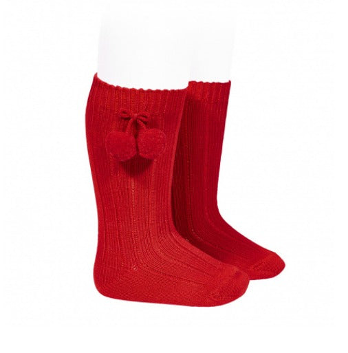 WARM COTTON RIB KNEE-HIGH SOCKS WITH POMPOMS RED - MintMouse (Unicorner Concept Store)