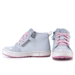 (2624C-3) Grey Pink Patented Lace Up Sneakers with zipper