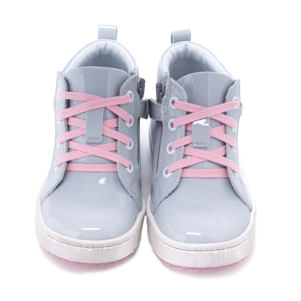 (2624C-3) Grey Pink Patented Lace Up Sneakers with zipper