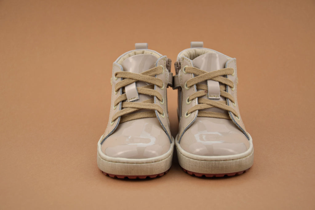 (2624C-1) Emel Beige Patent leather Lace Up Sneakers with zipper - MintMouse (Unicorner Concept Store)