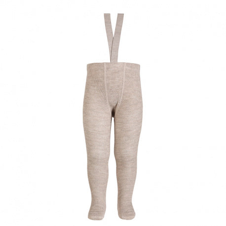 Tights with elastic suspenders Merino wool blend ribbed - Nougat