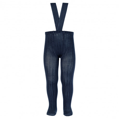 Rib tights with elastic suspenders NAVY BLUE