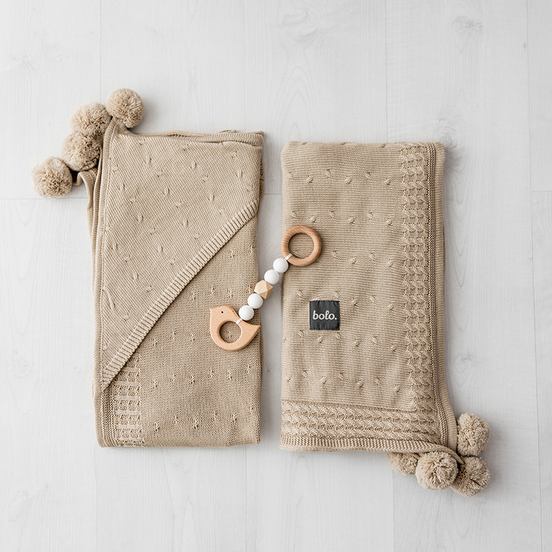 Cotton hooded blanket with pom poms - beige - MintMouse (Unicorner Concept Store)