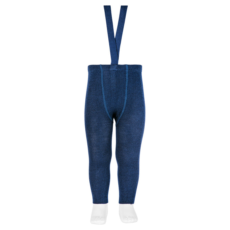 Tights with elastic suspenders Merino wool blend ribbed - Navy Blue