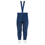 Tights with elastic suspenders Merino wool blend ribbed - Navy Blue