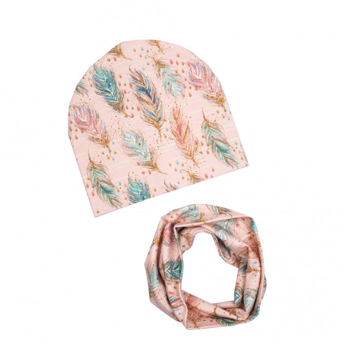 Hat and scarf set - pink feathers