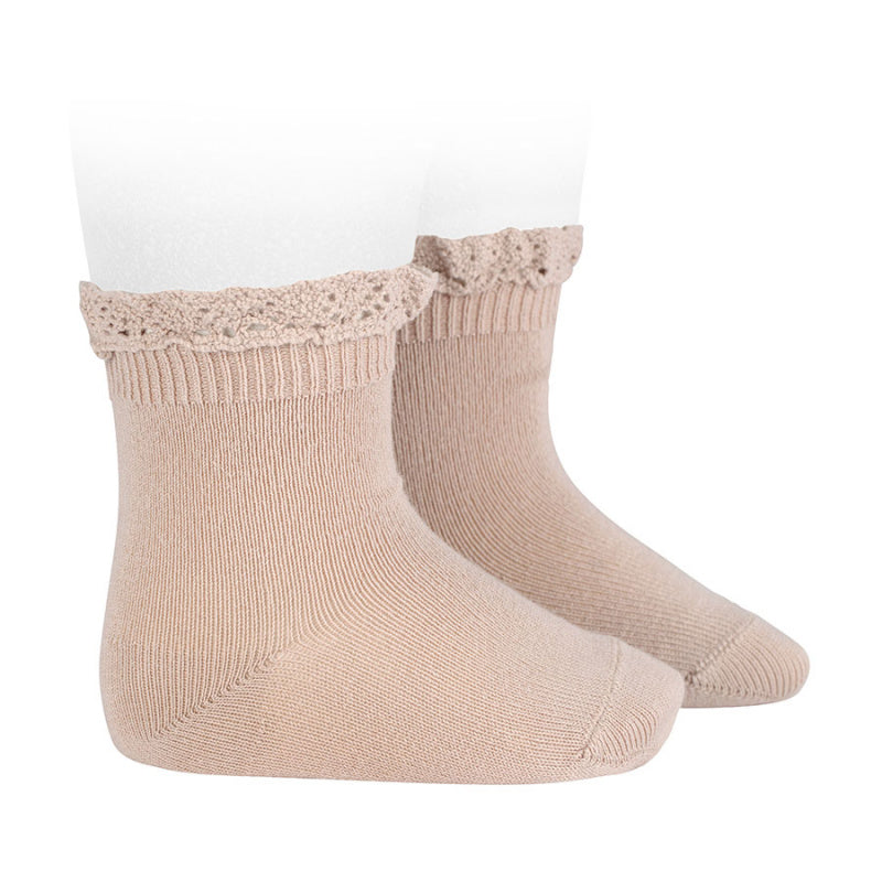 Short socks with lace edging cuff STONE