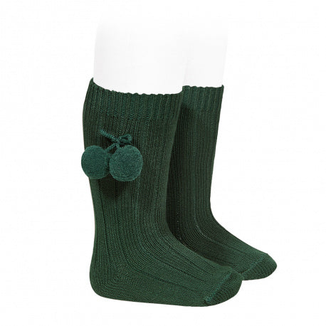 WARM COTTON RIB KNEE-HIGH SOCKS WITH POMPOMS BOTTLE GREEN